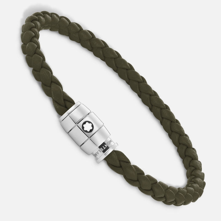 Montblanc bracciale in acciaio a 3 anelli e pelle Meisterstück Kaki misura S 13600360
