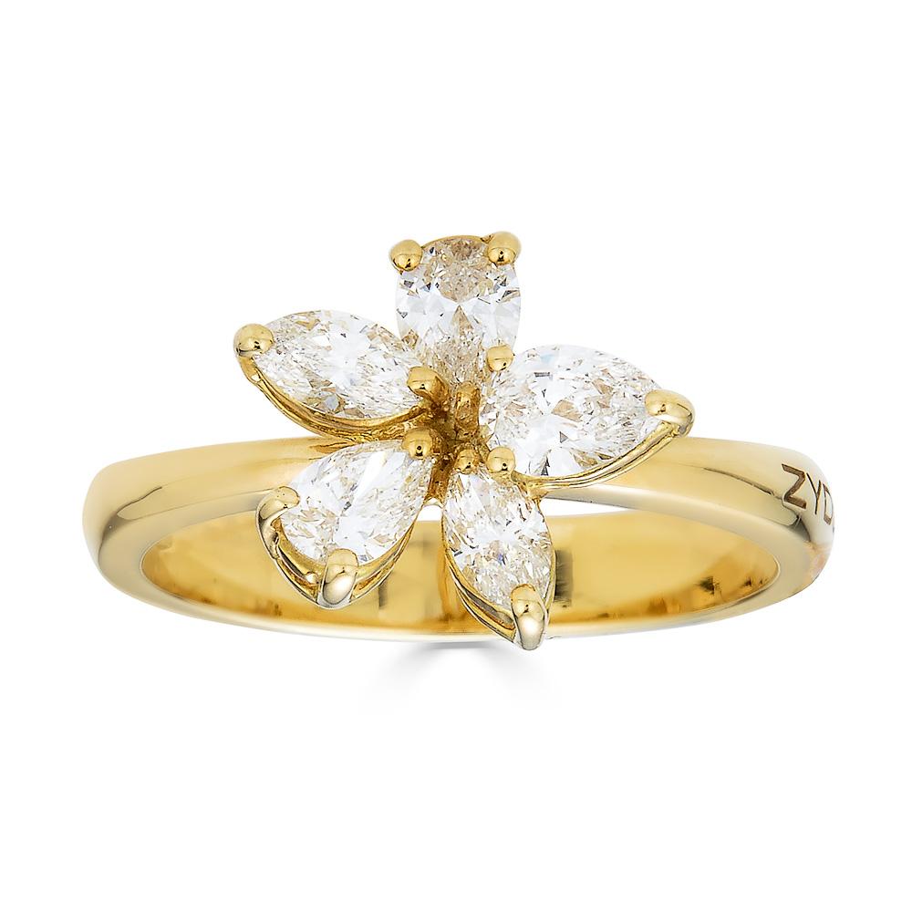Zydo anello a forma di fiore con diamanti a forma di pera e marquise oro giallo 56036