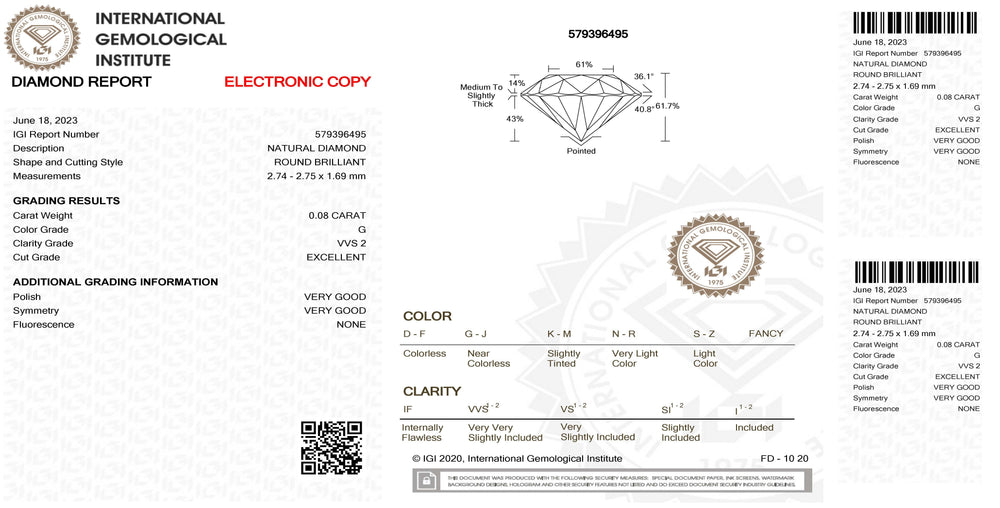 IGI diamante in blister certificato taglio brillante 0,08ct colore G purezza VVS 2 - Capodagli 1937