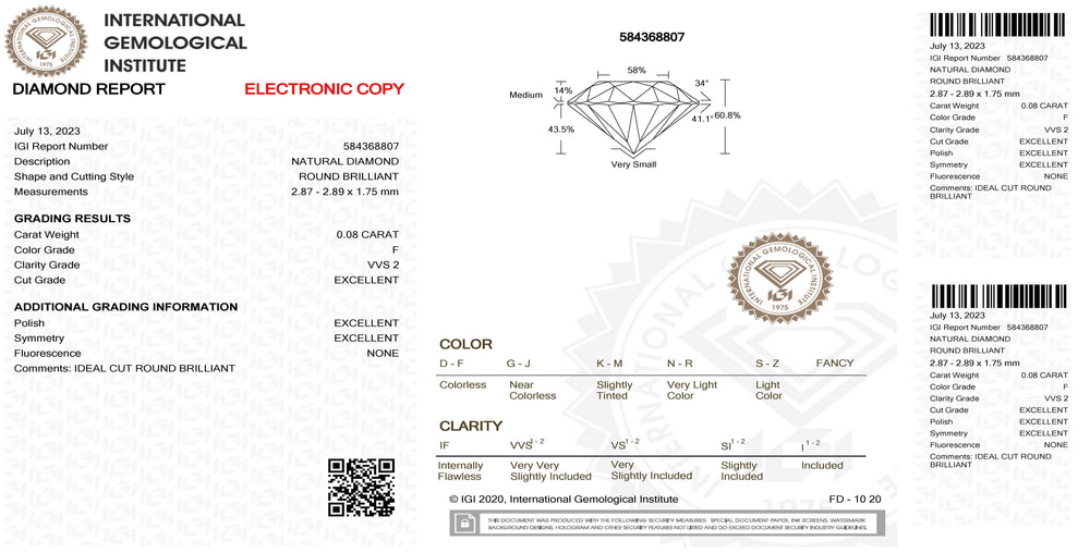 IGI diamante in blister certificato taglio brillante 0,08ct colore F purezza VVS 2 - Capodagli 1937