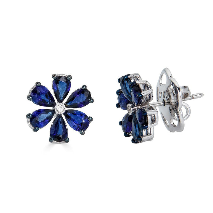 Blumenförmige Zydo-Ohrringe mit farbigen Edelsteinen und Diamanten, Weißgold, blauer Saphir 62224