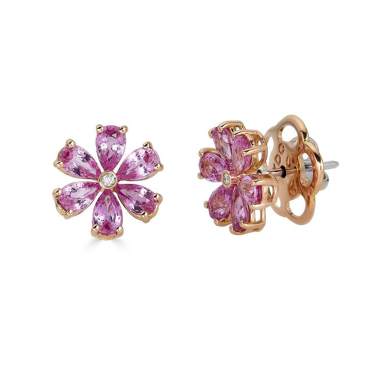 Blumenförmige Zydo-Ohrringe mit farbigen Edelsteinen und Diamanten, Roségold, rosa Saphir 62225