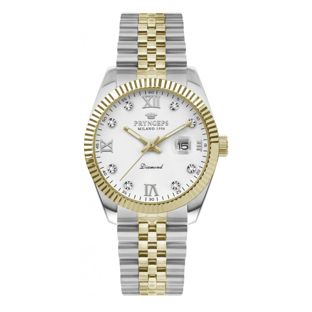 Pryngeps orologio Erre X 32mm bianco diamanti quartz acciaio finiture PVD oro giallo A822/2BQB BI