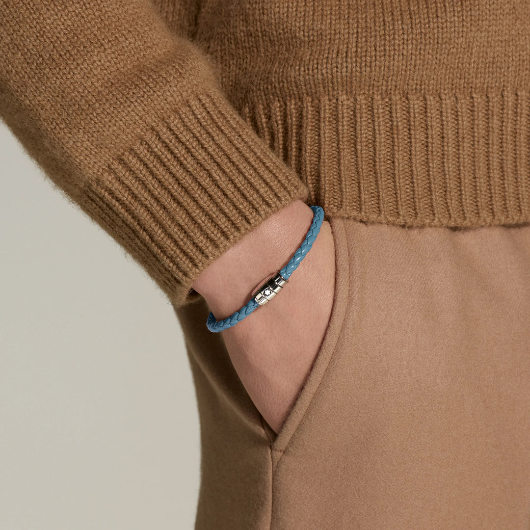 Montblanc bracciale in acciaio a 3 anelli e pelle Meisterstück Blu Fumè misura S 13429360