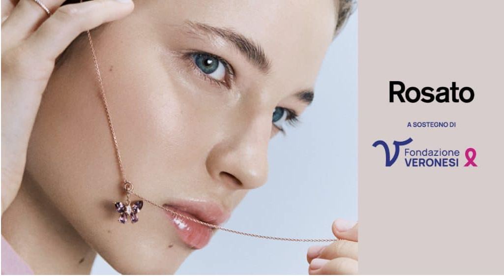 Rosato ciondolo charm Farfalla Rinascita per Fondazione Veronesi argento 925 finitura PVD oro rosa cubic zirconia RZLE089
