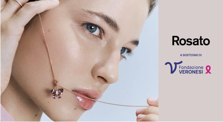 Rosato ciondolo charm Farfalla Rinascita per Fondazione Veronesi argento 925 finitura PVD oro rosa cubic zirconia RZLE089