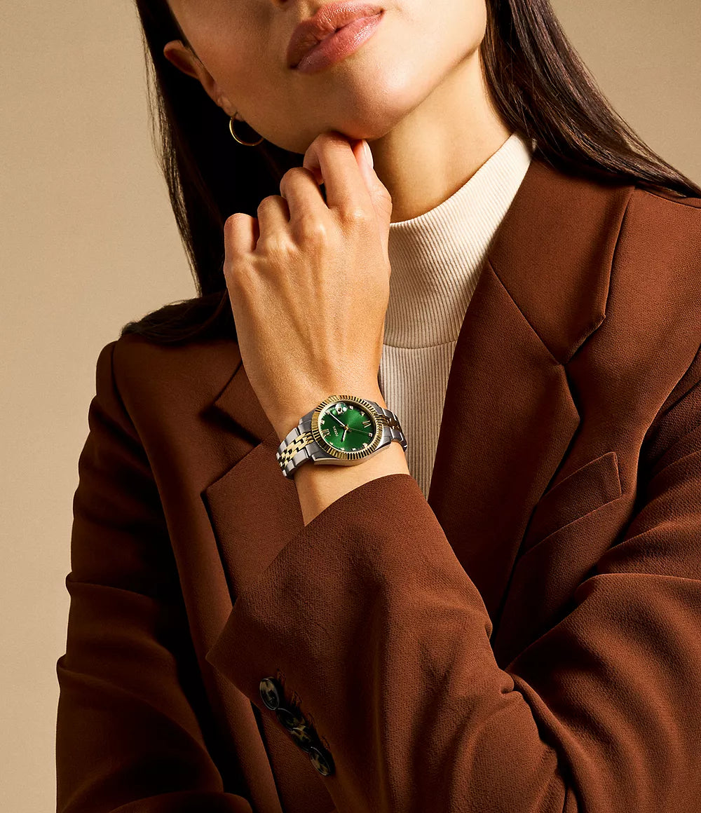 Fossil orologio Scarlette 33mm verde quarzo acciaio finiture PVD oro giallo ES5388