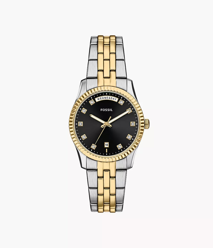 Fossil orologio Scarlette 34mm nero quarzo acciaio finiture PVD oro giallo ES5458