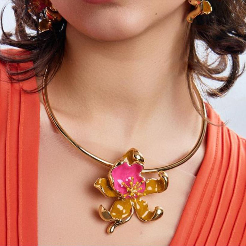 Federica Rossi collana girocollo rigido Fiore Orchidea bronzo finitura PVD oro 18kt smalto FR.GI.26