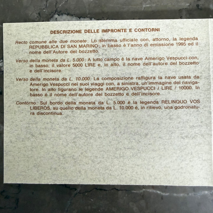 Monete in argento 5000 10000 Lire Repubblica di San Marino Amerigo Vespucci 1995