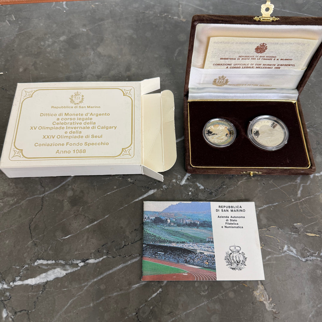 Monete in argento Repubblica di San Marino XV Olimpiade Invernale di Calgary e XXIV Olimpiade di Seul 1988
