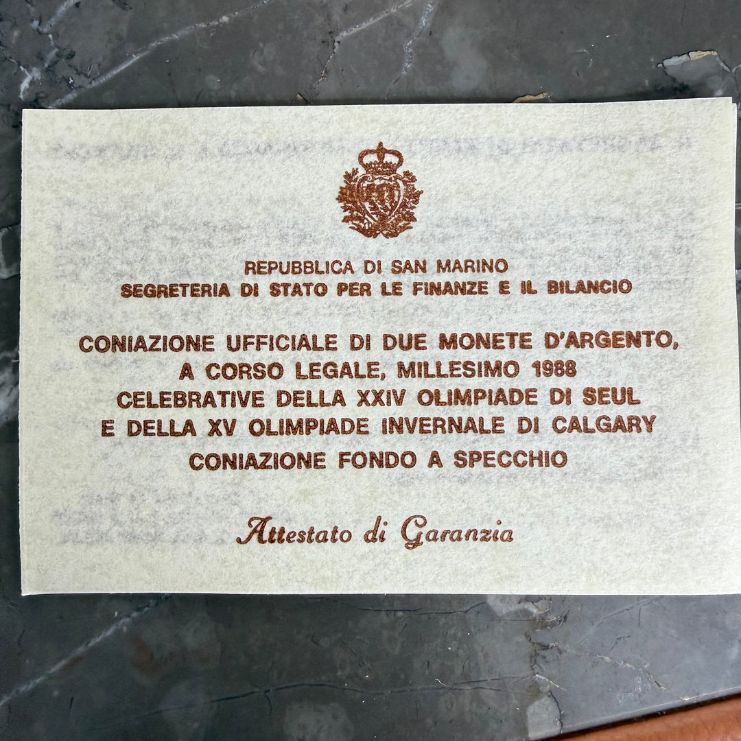 Monete in argento Repubblica di San Marino XV Olimpiade Invernale di Calgary e XXIV Olimpiade di Seul 1988