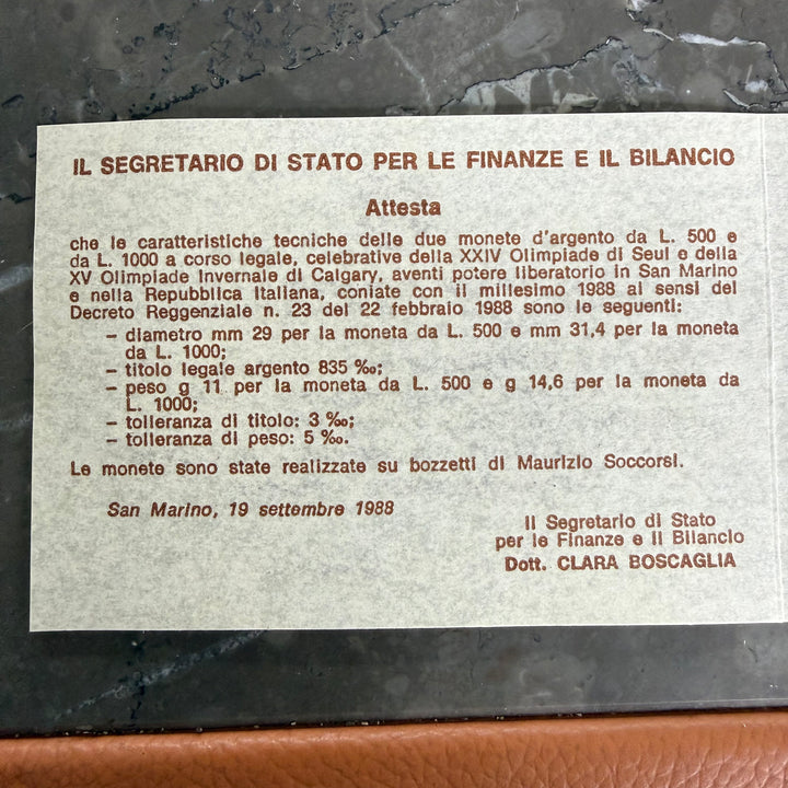 Monete in argento Repubblica di San Marino XV Olimpiade Invernale di Calgary e XXIV Olimpiade di Seul 1988