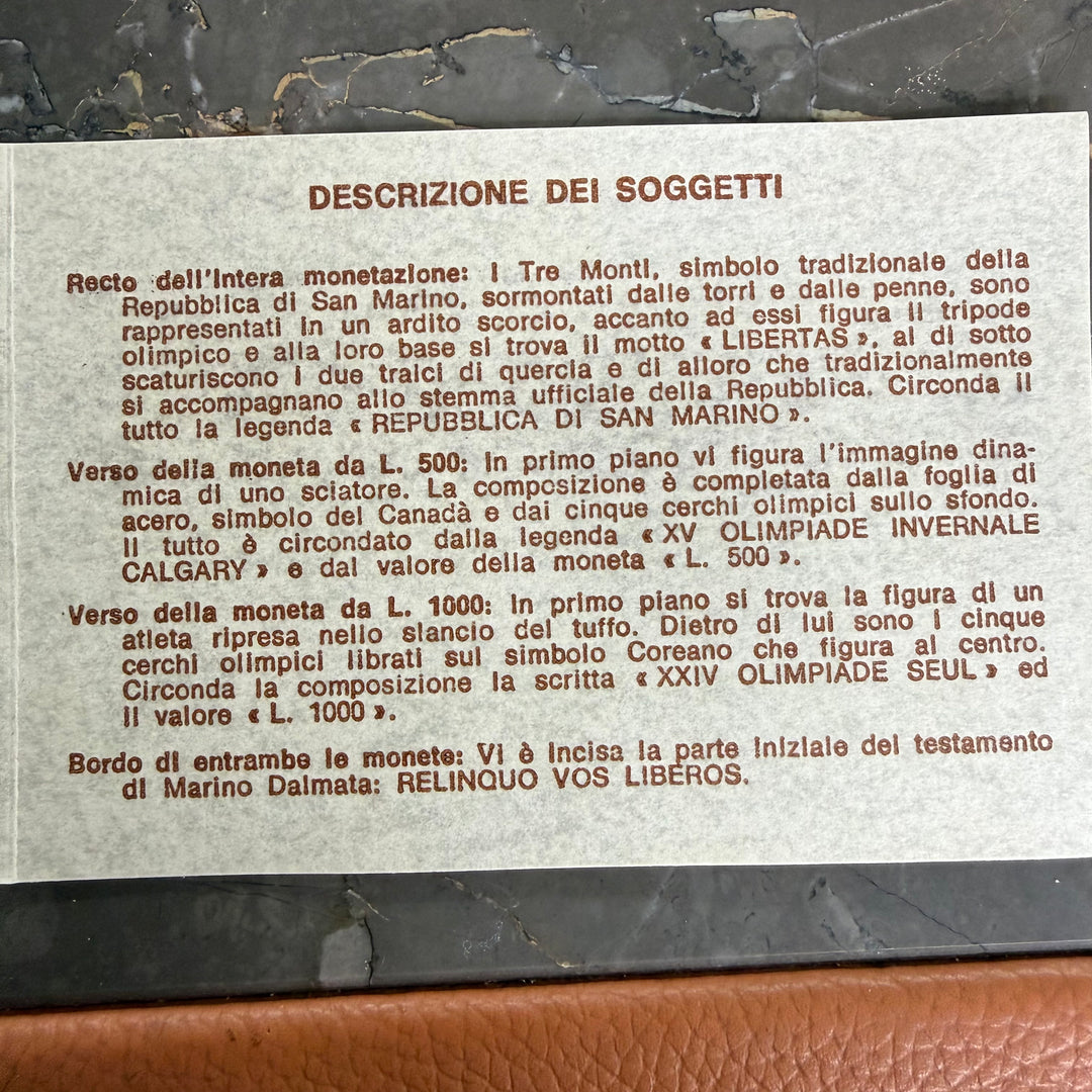Monete in argento Repubblica di San Marino XV Olimpiade Invernale di Calgary e XXIV Olimpiade di Seul 1988