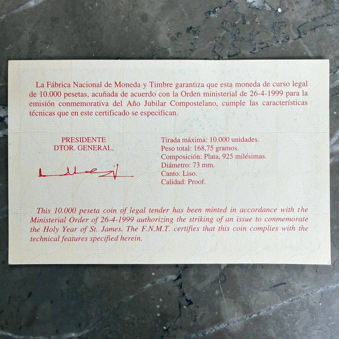 Moneta in argento Cinquentín 10000 Pesetas Año Jubilar Compostelano 1999