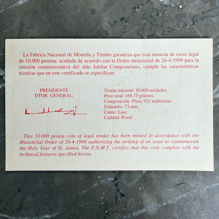 Moneta in argento Cinquentín 10000 Pesetas Año Jubilar Compostelano 1999