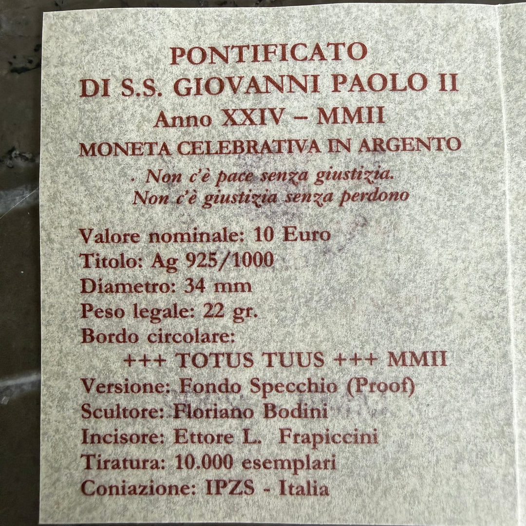 Moneta in argento 10€ Pontificato di S.S. Giovanni Paolo II Anno XXIV 2002