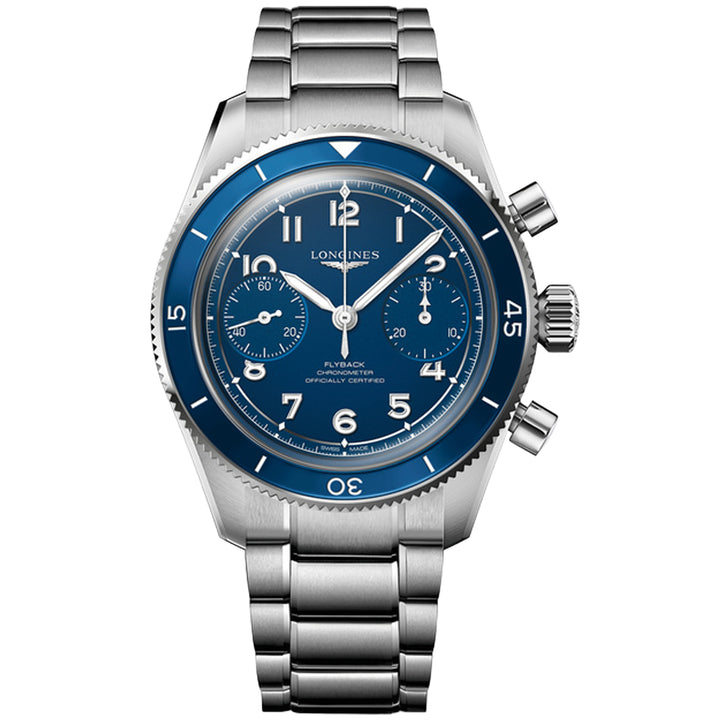 Longines orologio Spirit Pilot Flyback 39,5mm blu carica manuale acciaio L3.721.4.93.6
