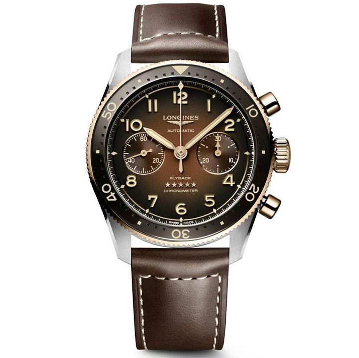 Longines orologio Spirit Flyback 42mm marrone automatico acciaio e oro rosa 18kt L3.821.5.59.2