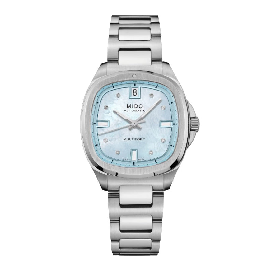 Mido orologio Multifort TV 35 34x35mm madreperla azzurra diamanti automatico acciaio M049.307.11.136.00