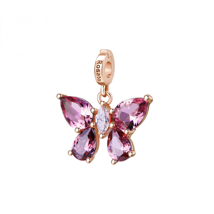 Rosato ciondolo charm Farfalla Rinascita per Fondazione Veronesi argento 925 finitura PVD oro rosa cubic zirconia RZLE089