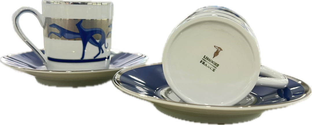 Trussardi set 2 tazzine da caffè con zuccheriera porcellana di Limoges finitura platino LEVRIERI_BLU