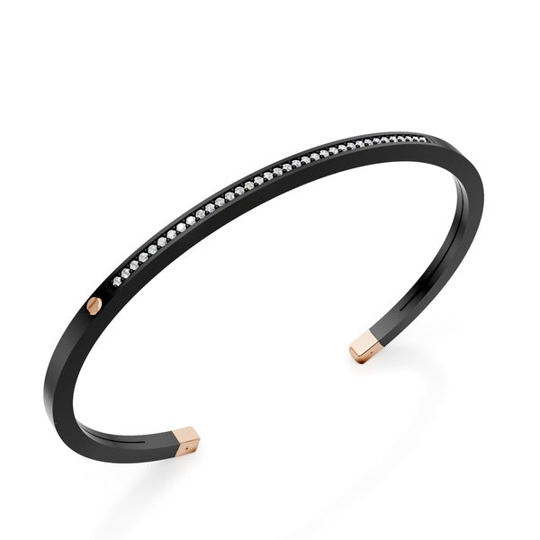 World Diamond Group bracciale schiava in titanio nero, con una fila di diamanti e inserti in oro rosa 18kt GBR036O3DINE