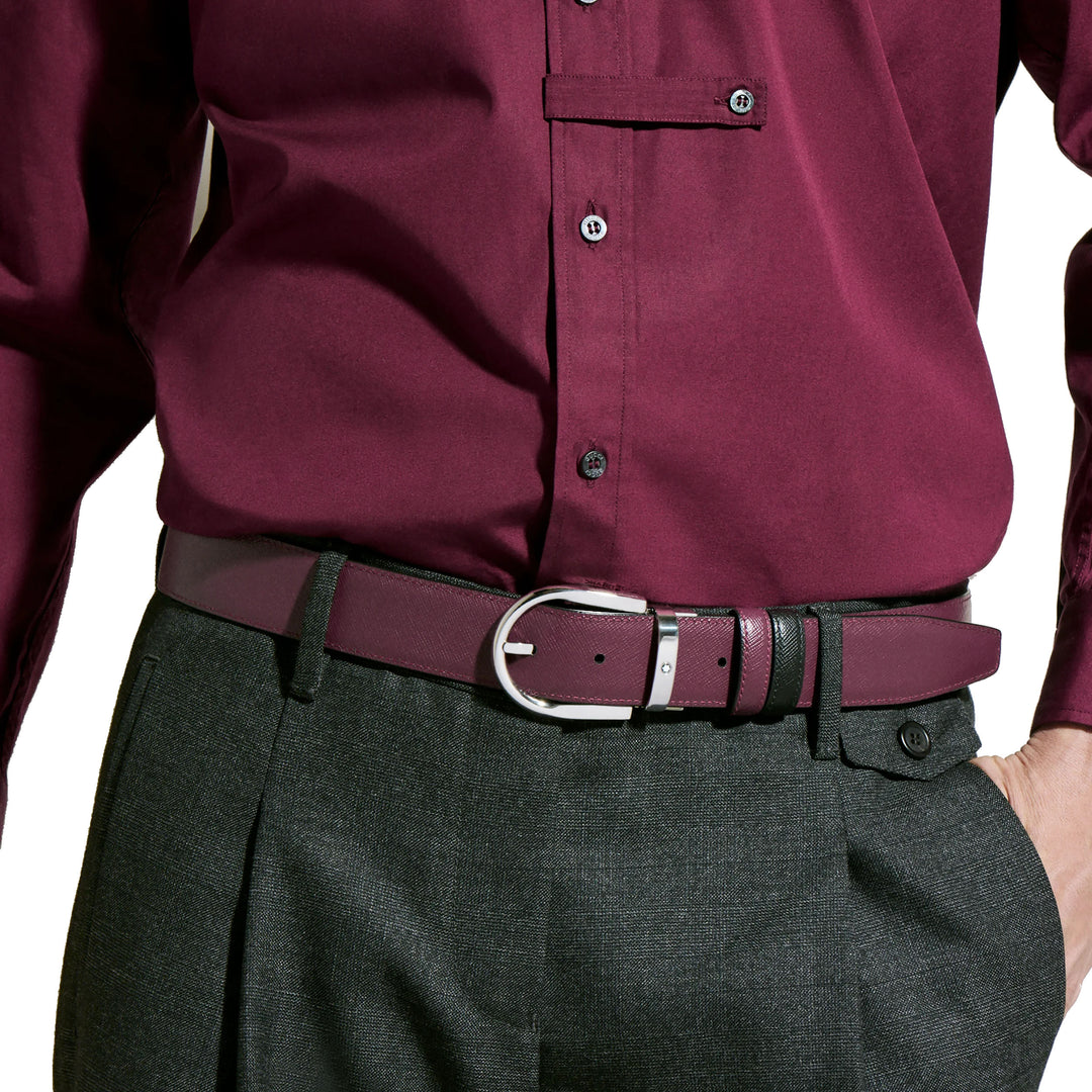 Montblanc cintura reversibile 35 mm pelle nera/cassis con fibbia a ferro di cavallo 199638