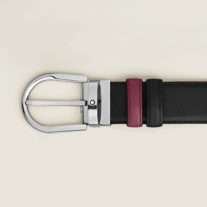 Montblanc cintura reversibile 35 mm pelle nera/cassis con fibbia a ferro di cavallo 199638
