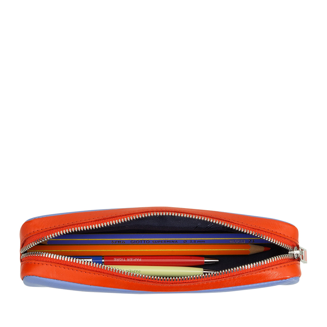 DUDU Astuccio in Vera Pelle con Cerniera Zip, Portapenne, Piccolo 18x3cm, Compatto e Colorato