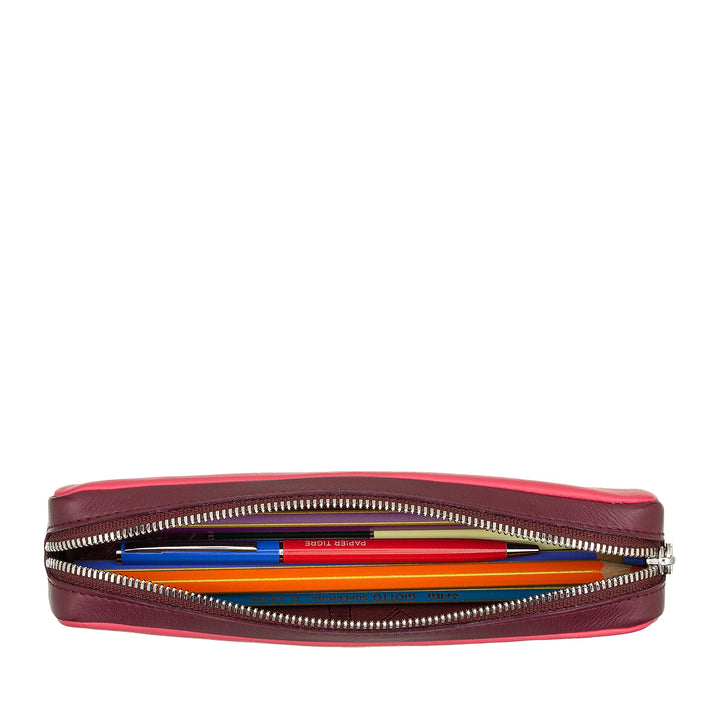 DUDU Astuccio in Vera Pelle con Cerniera Zip, Portapenne, Piccolo 18x3cm, Compatto e Colorato