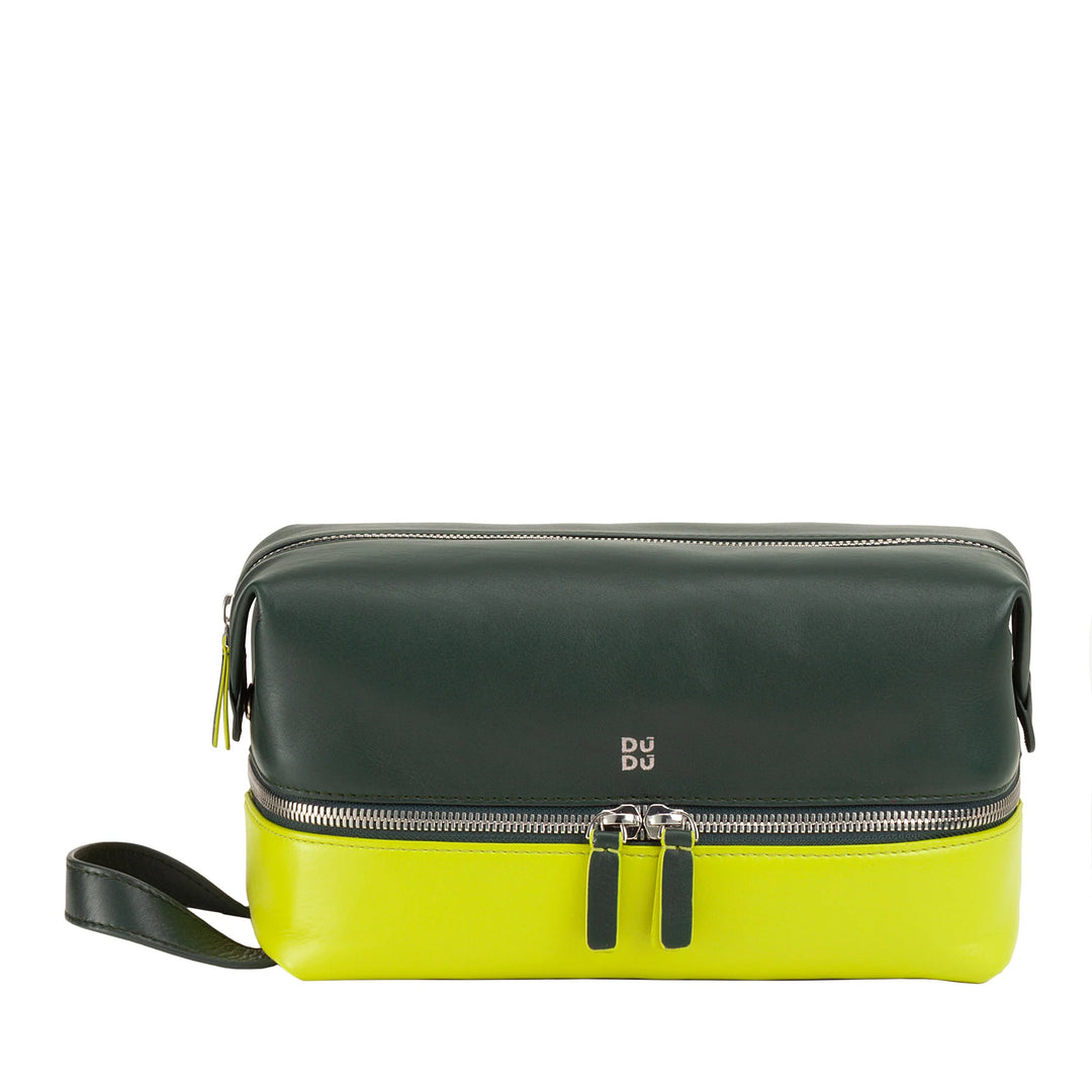 DUDU Beauty Case da Viaggio Uomo Donna, Borsa da Toilette in Pelle Colorata a Mano, 2 Scomparti con Maniglia