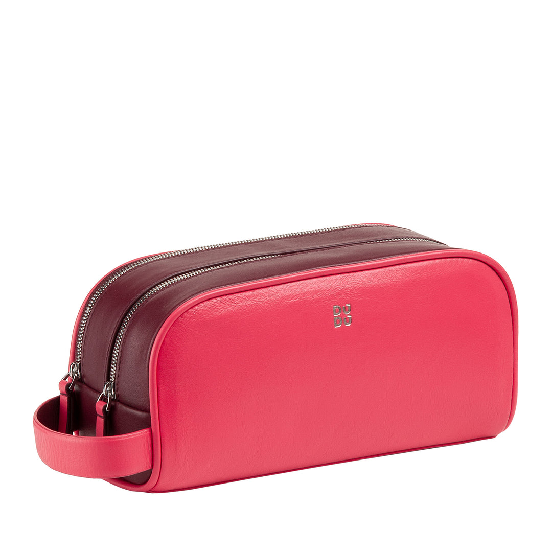 DUDU Beauty Case da Viaggio Uomo Donna in Pelle Morbida Resistente, Borsa da Toilette a Doppia Lampo, Interno Idrorepellente, Borsa a Mano con Maniglia
