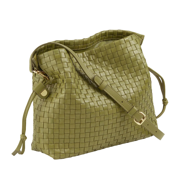 DUDU Borsa a Tracolla Donna in Pelle Intrecciata con Coulisse, Morbida e Capiente, Tracolla Regolabile, Chiusura Magnetica, Stile Elegante e Artigianale