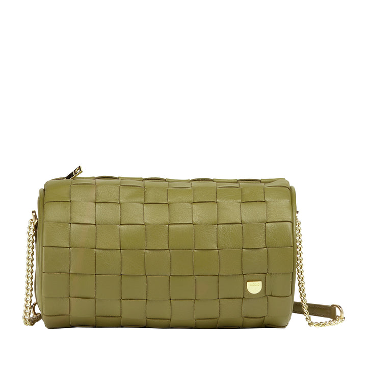 DUDU Borsa Donna a Cilindro in Vera Pelle Intrecciata con Tracolla a Catena, Elegante – Design Artigianale, Borsa Spalla Cilindrica di Lusso per Occasioni Casual e Speciali