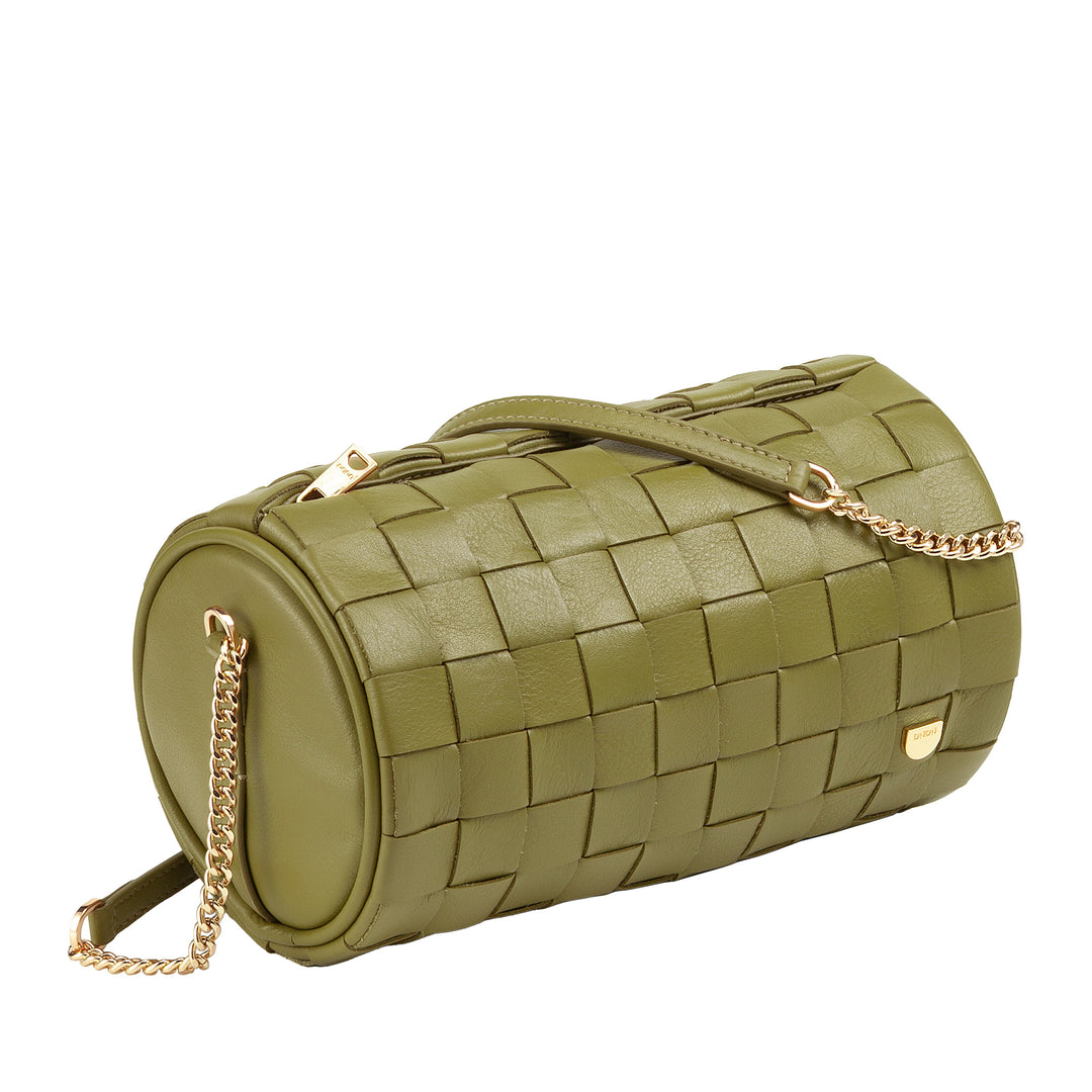DUDU Borsa Donna a Cilindro in Vera Pelle Intrecciata con Tracolla a Catena, Elegante – Design Artigianale, Borsa Spalla Cilindrica di Lusso per Occasioni Casual e Speciali