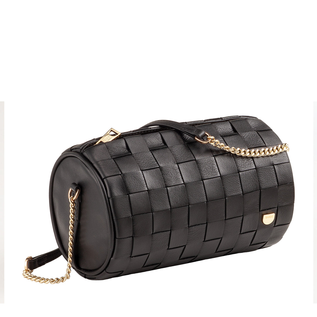 DUDU Borsa Donna a Cilindro in Vera Pelle Intrecciata con Tracolla a Catena, Elegante – Design Artigianale, Borsa Spalla Cilindrica di Lusso per Occasioni Casual e Speciali