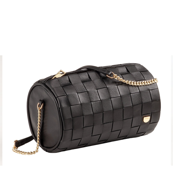 DUDU Borsa Donna a Cilindro in Vera Pelle Intrecciata con Tracolla a Catena, Elegante – Design Artigianale, Borsa Spalla Cilindrica di Lusso per Occasioni Casual e Speciali
