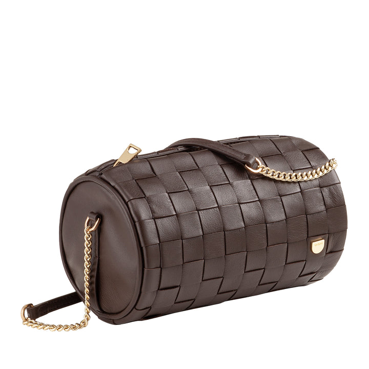 DUDU Borsa Donna a Cilindro in Vera Pelle Intrecciata con Tracolla a Catena, Elegante – Design Artigianale, Borsa Spalla Cilindrica di Lusso per Occasioni Casual e Speciali