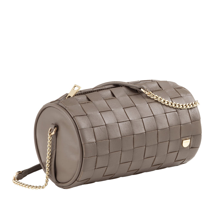 DUDU Borsa Donna a Cilindro in Vera Pelle Intrecciata con Tracolla a Catena, Elegante – Design Artigianale, Borsa Spalla Cilindrica di Lusso per Occasioni Casual e Speciali
