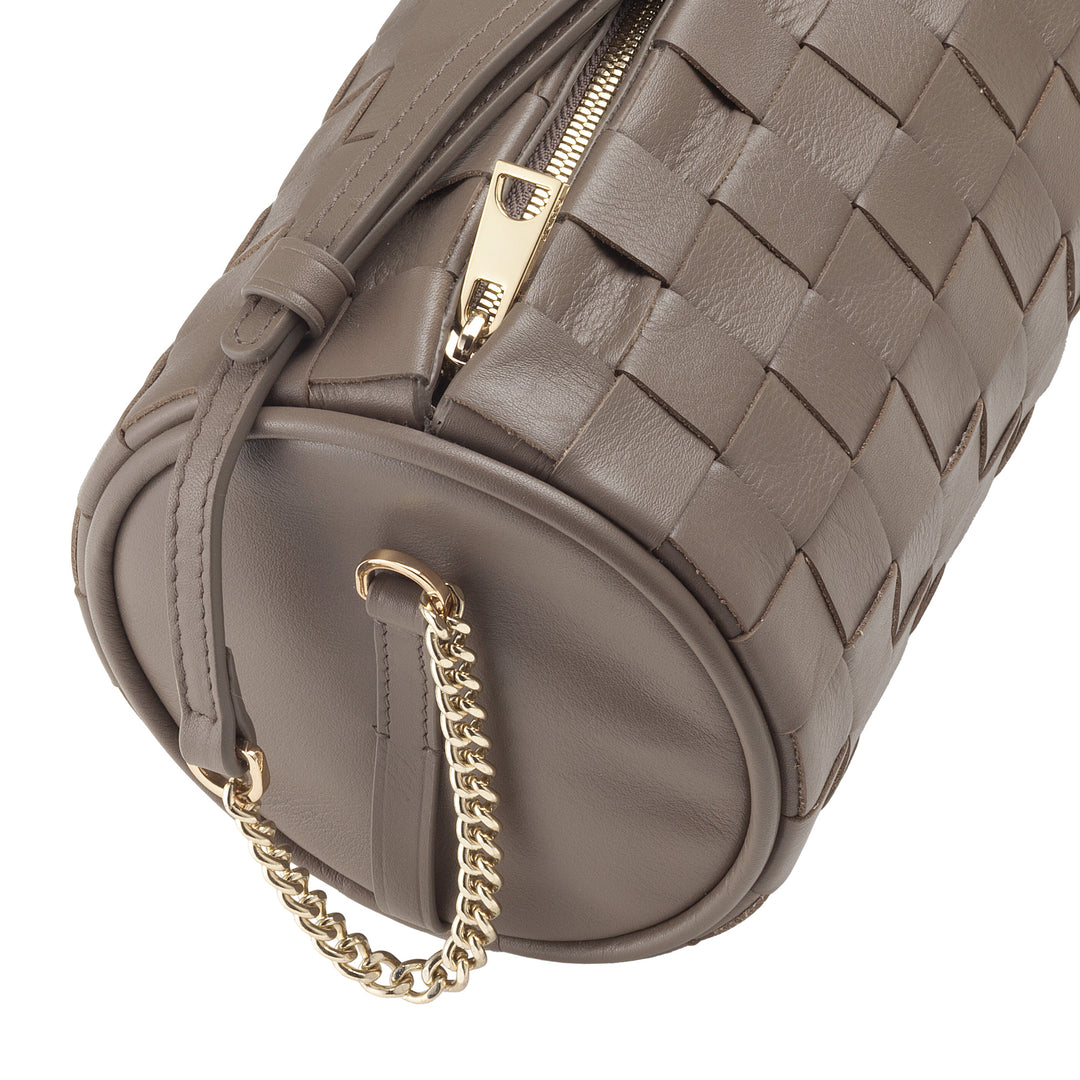 DUDU Borsa Donna a Cilindro in Vera Pelle Intrecciata con Tracolla a Catena, Elegante – Design Artigianale, Borsa Spalla Cilindrica di Lusso per Occasioni Casual e Speciali