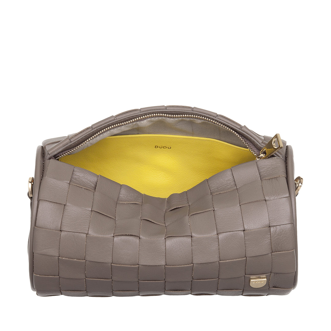DUDU Borsa Donna a Cilindro in Vera Pelle Intrecciata con Tracolla a Catena, Elegante – Design Artigianale, Borsa Spalla Cilindrica di Lusso per Occasioni Casual e Speciali