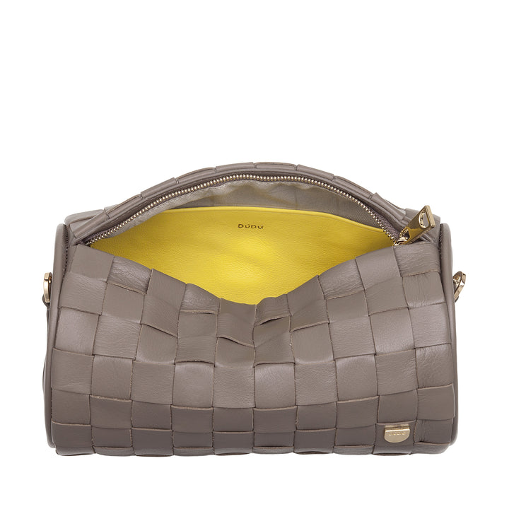 DUDU Borsa Donna a Cilindro in Vera Pelle Intrecciata con Tracolla a Catena, Elegante – Design Artigianale, Borsa Spalla Cilindrica di Lusso per Occasioni Casual e Speciali