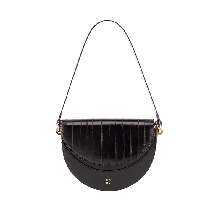 DUDU Borsa Donna a Tracolla in Vera Pelle, Mezzaluna Rigida, Made in Italy, Borsetta con Patta e Doppia Tracolla, Chiusura Magnetica