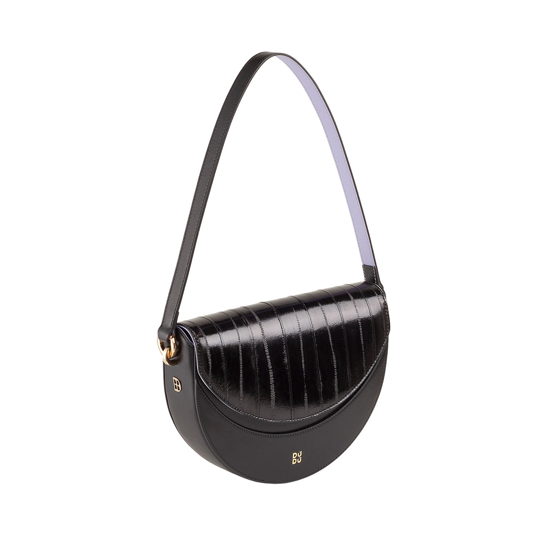 DUDU Borsa Donna a Tracolla in Vera Pelle, Mezzaluna Rigida, Made in Italy, Borsetta con Patta e Doppia Tracolla, Chiusura Magnetica