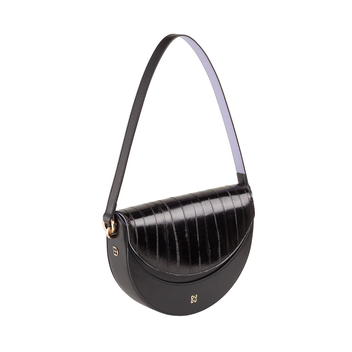 DUDU Borsa Donna a Tracolla in Vera Pelle, Mezzaluna Rigida, Made in Italy, Borsetta con Patta e Doppia Tracolla, Chiusura Magnetica