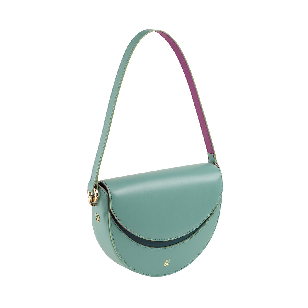 DUDU Borsa Donna a Tracolla in Vera Pelle, Mezzaluna Rigida, Made in Italy, Borsetta con Patta e Doppia Tracolla, Chiusura Magnetica