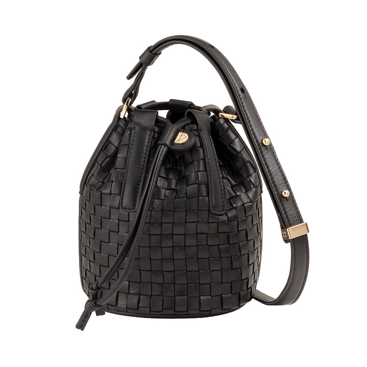 DUDU Borsa a Secchiello in Pelle Intrecciata – Borsetta Donna Piccola con Tracolla Regolabile, Coulisse e Pochette Interna, Elegante e Artigianale