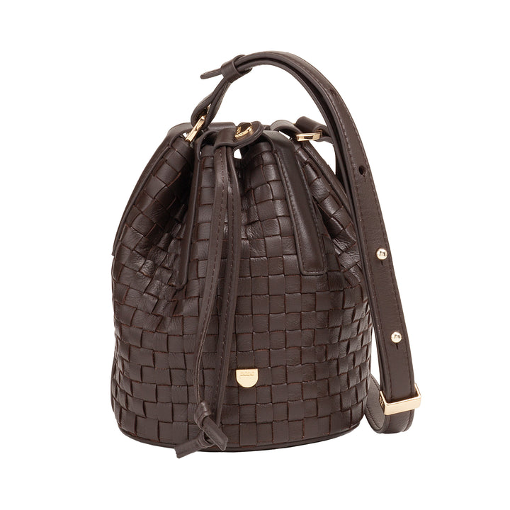 DUDU Borsa a Secchiello in Pelle Intrecciata – Borsetta Donna Piccola con Tracolla Regolabile, Coulisse e Pochette Interna, Elegante e Artigianale
