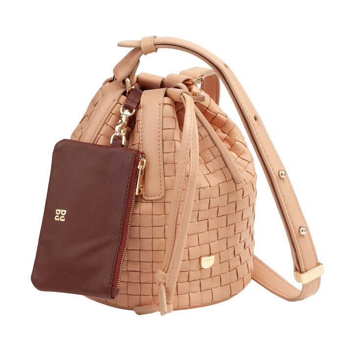 DUDU Borsa a Secchiello in Pelle Intrecciata – Borsetta Donna Piccola con Tracolla Regolabile, Coulisse e Pochette Interna, Elegante e Artigianale